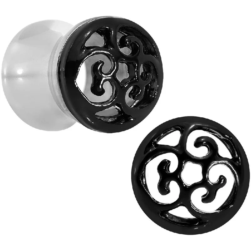 0 Gauge Steel Black Filigree Duet Heart Saddle Plug Set