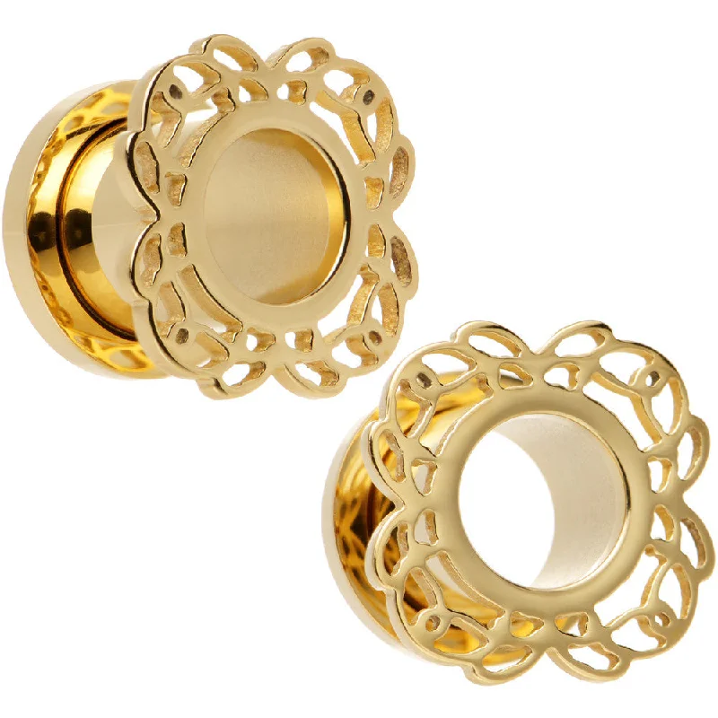 00 Gauge Gold PVD Filigree Flower Screw Fit Tunnel Plug Set