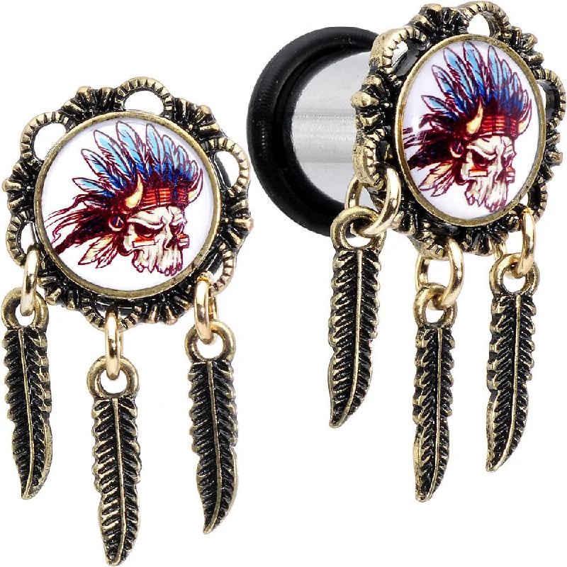 00 Gauge Steel Indian Skull Single Flare Feather Dangle Plug Set