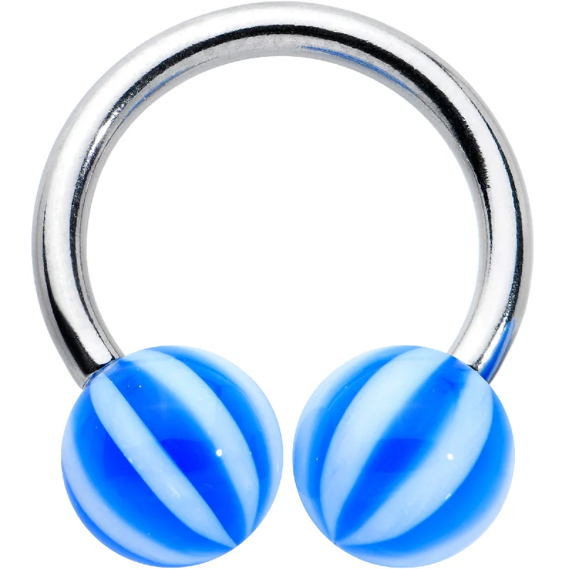 14 Gauge 7/16 Striped Blue White Ball End Horseshoe Circular Barbell