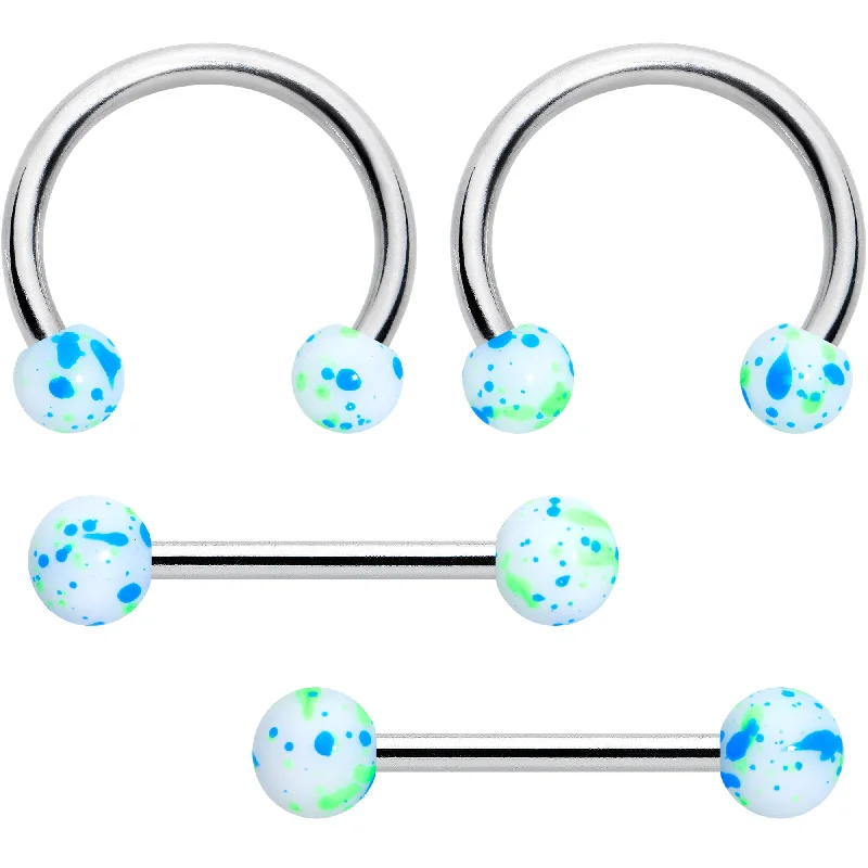 14 Gauge 9/16 1/2 Splatter Blue Green Barbell Horseshoe Nipple Ring Set of 4