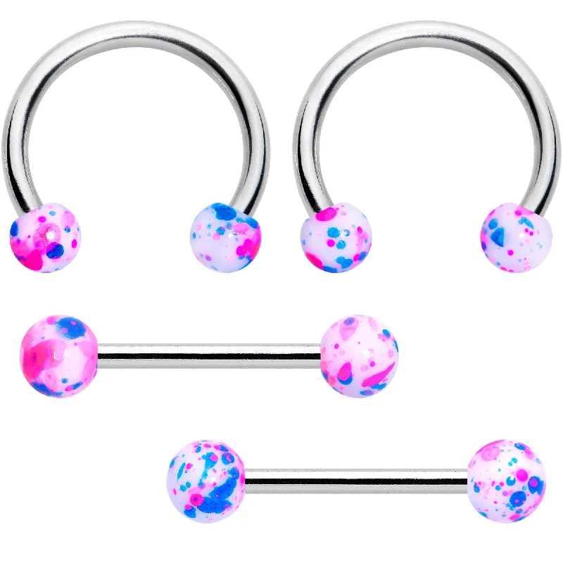 14 Gauge 9/16 1/2 Splatter Blue Pink Barbell Horseshoe Nipple Ring Set of 4