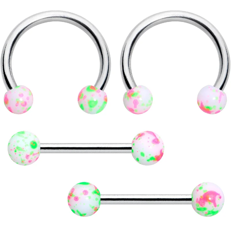 14 Gauge 9/16 1/2 Splatter Green Pink Barbell Horseshoe Nipple Ring Set of 4