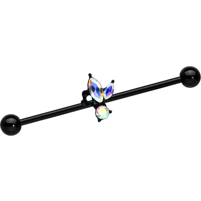 14 Gauge Aurora CZ Gem Black Fleur de Lis Butterfly Industrial Barbell 38mm