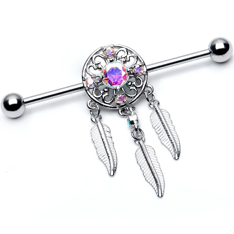 14 Gauge Aurora CZ Gem  Dreamcatcher Dangle Industrial Barbell 38mm