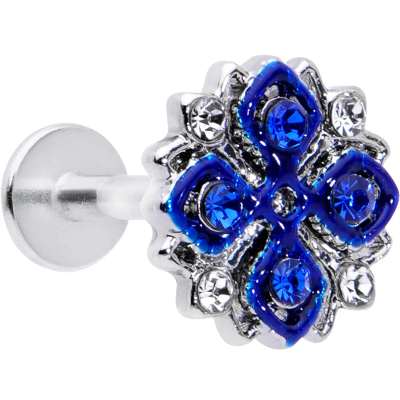 16 Gauge 5/16 Blue Clear Gem Embellished Cross Labret Monroe Tragus