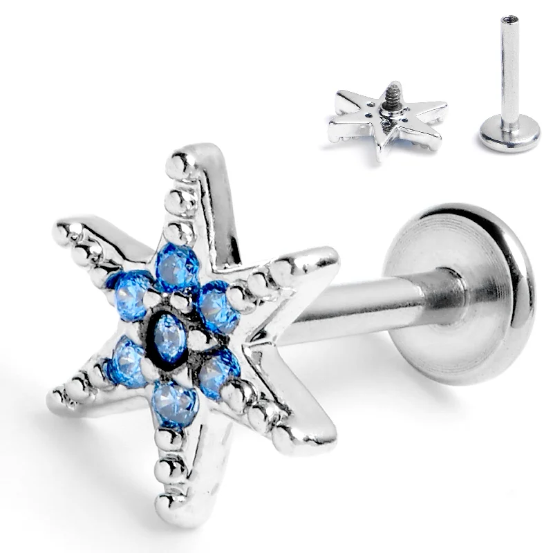 16 Gauge 5/16 Blue CZ Gem Lavish Star Internally Threaded Labret Tragus