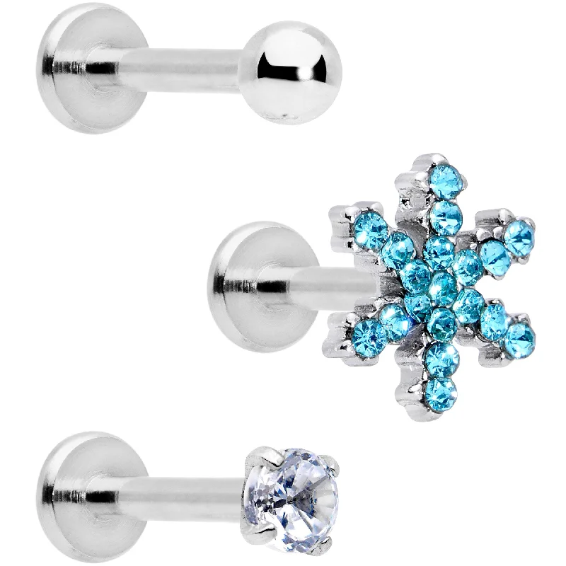 16 Gauge 5/16 Blue CZ Gem Snowflake Internally Threaded Labret Set