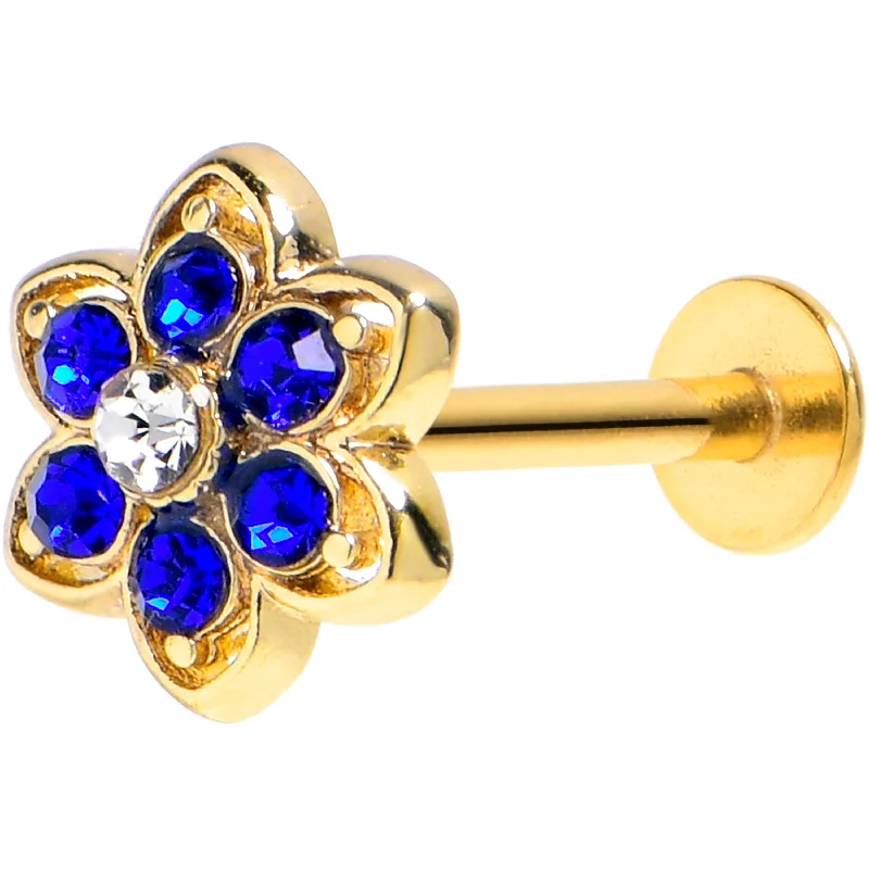 16 Gauge 5/16 Blue Gem Gold Tone Radiant Bloom Flower Labret Monroe Tragus