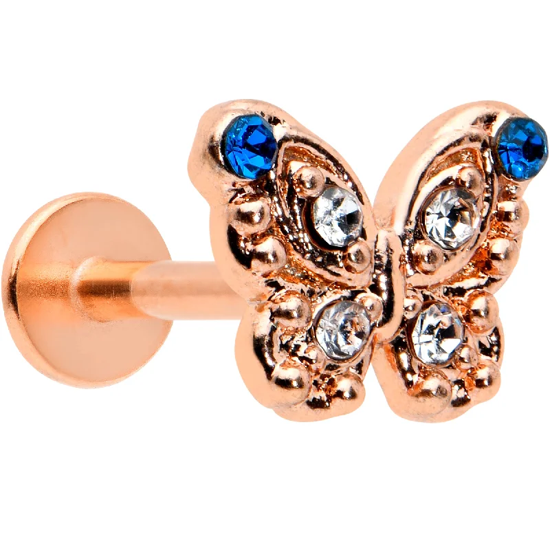 16 Gauge 5/16 Blue Gem Rose Gold Tone Butterfly Labret Monroe Tragus