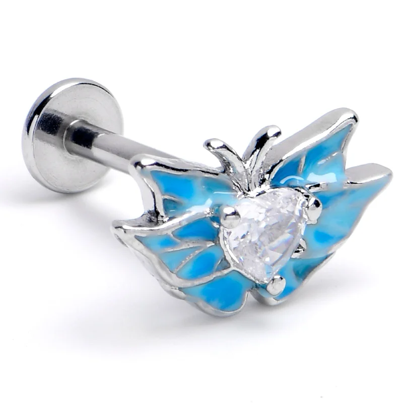 16 Gauge 5/16 Clear CZ Gem Butterfly Blue Labret Monroe Tragus