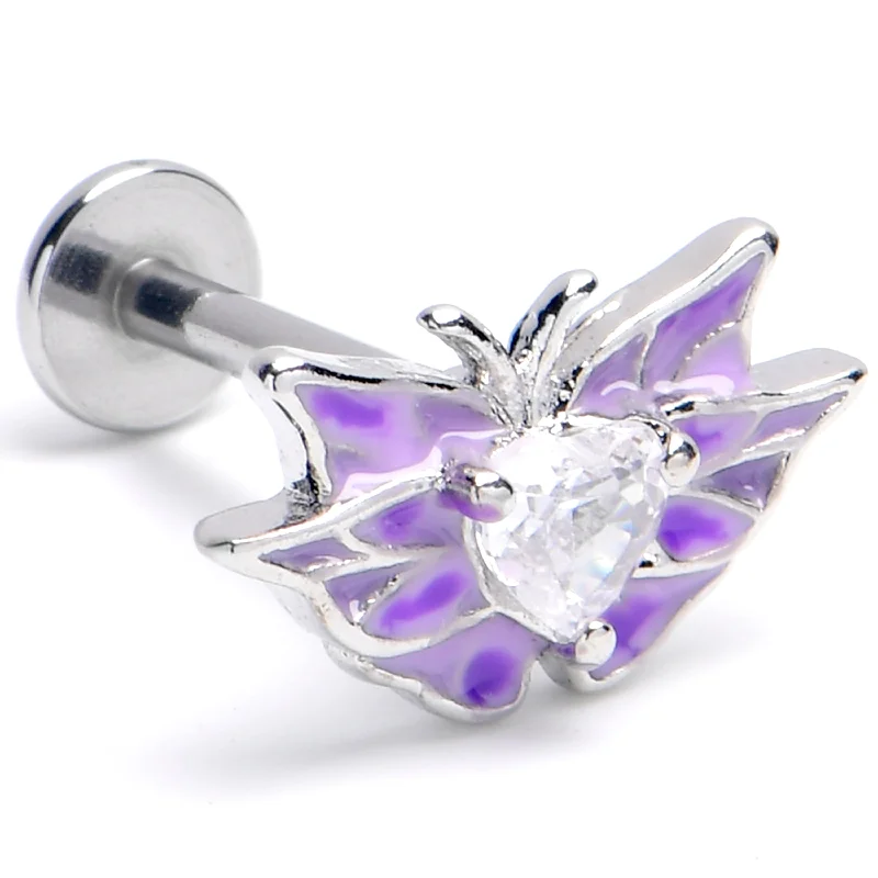 16 Gauge 5/16 Clear CZ Gem Butterfly Purple Labret Monroe Tragus