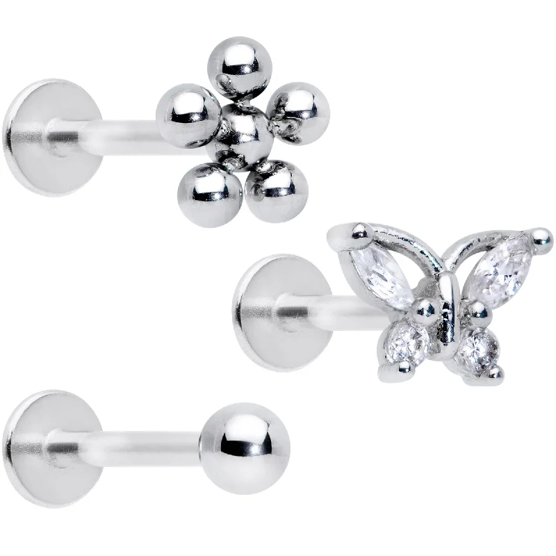 16 Gauge 5/16 Clear CZ Gem Flower Butterfly Labret Tragus Set of 3