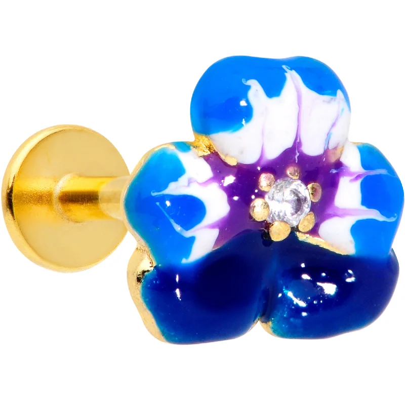 16 Gauge 5/16 Clear CZ Gem Gold Tone Blue Spring Flower Labret Monroe