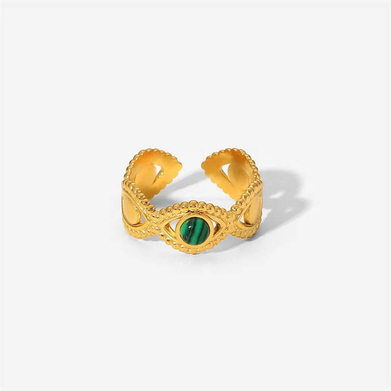 Buddha Stones 18K Gold Malachite Bead Anti-Anxiety Protection Ring