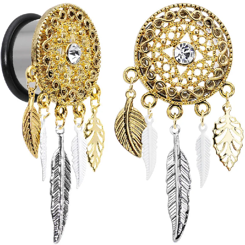 18mm Clear Gem Ornate Gold Disc Leaf Feather Dangle Plug Set