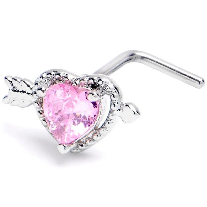 20 Gauge 1/4 Pink CZ Gem Fusion Of Love Arrow Heart L Shape Nose Ring