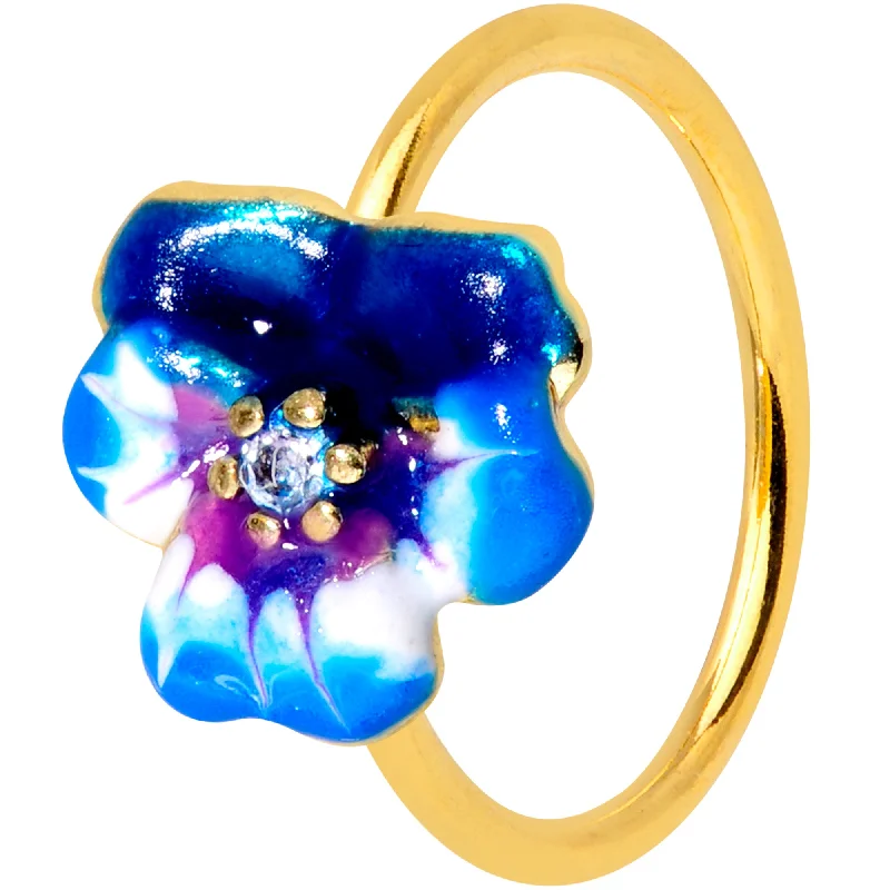 20 Gauge 5/16 Clear CZ Gem Gold Tone Blue Spring Flower Nose Hoop