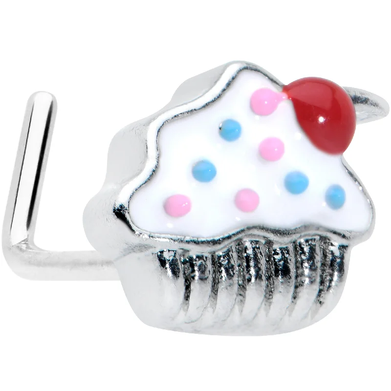 20 Gauge 5/16 Red White Sprinkle Cherry Cupcake L Shaped Nose Ring