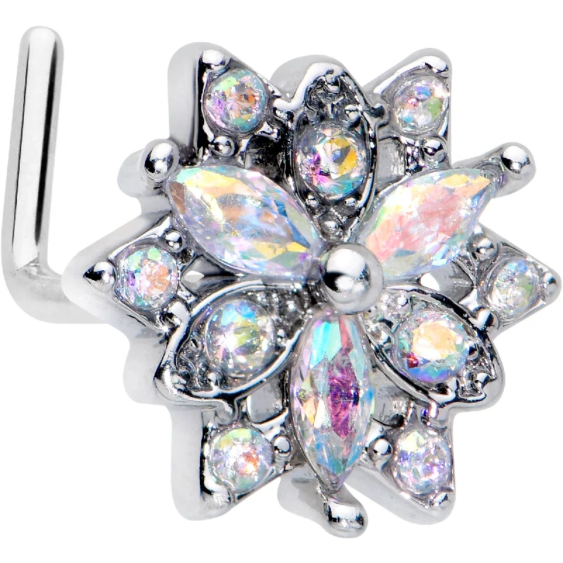 20 Gauge 7mm Aurora CZ Gem Snowflake Style L Shape Nose Ring