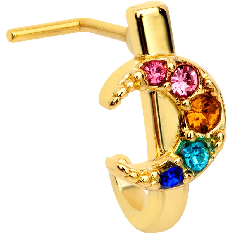 20 Gauge 7mm Rainbow Gem Gold Tone Crescent Moon L Shape Nose Ring