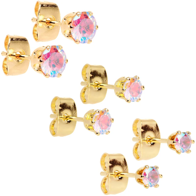 20 Gauge Aurora CZ Gem Gold Tone 3mm to 5mm Post Stud Earring Set of 3