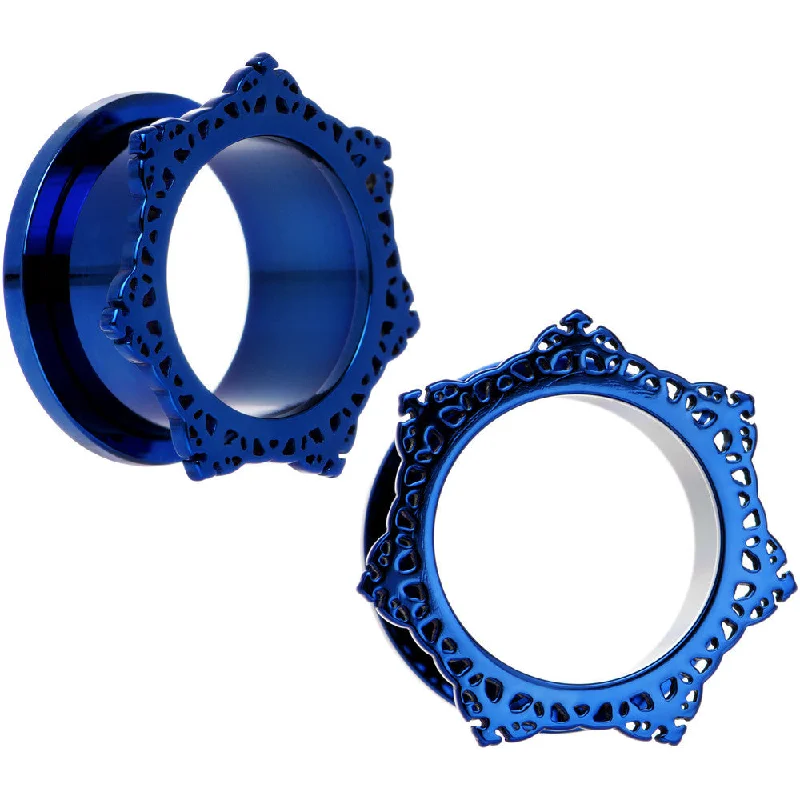 3/4 Blue PVD Filigree Frame Screw Fit Tunnel Plug Set