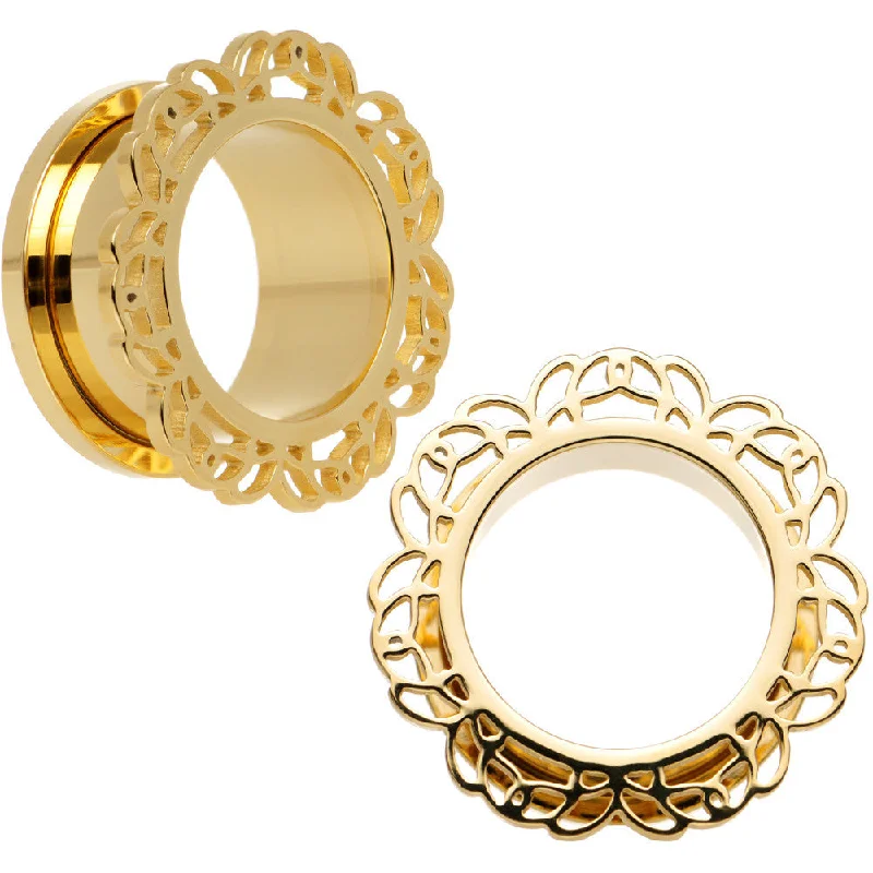 3/4 Gold PVD Filigree Flower Screw Fit Tunnel Plug Set