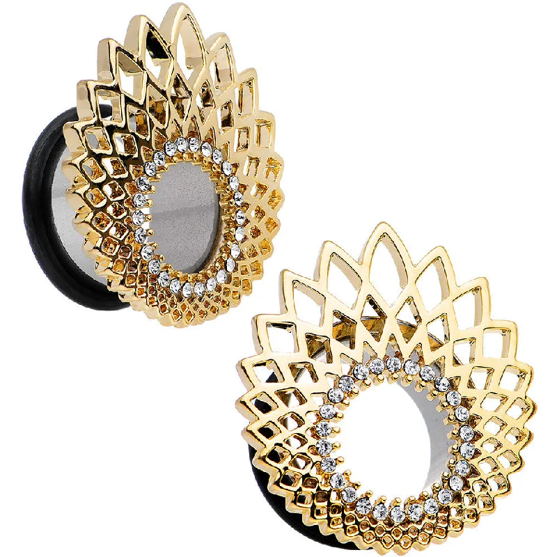 5/8 Clear Gem Golden Gala Feather Single Flare Tunnel Plug Set