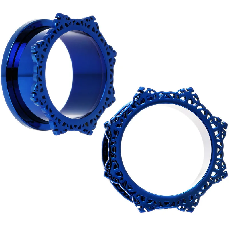 7/8 Blue PVD Filigree Frame Screw Fit Tunnel Plug Set