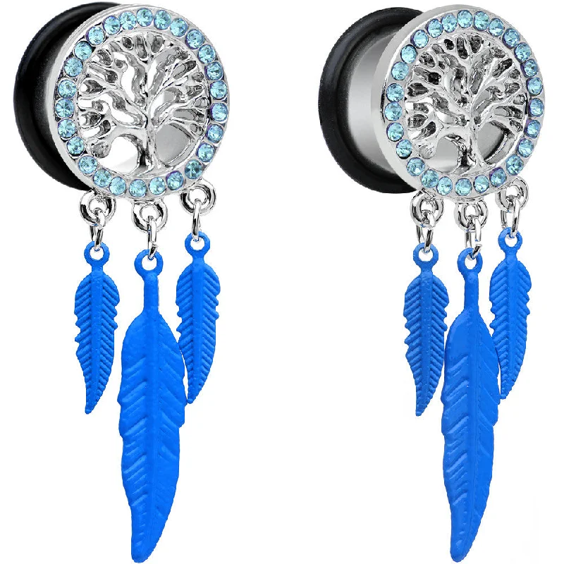 9/16 Blue Gem Steel Single Flare Tree of Life Dangle Plug Set