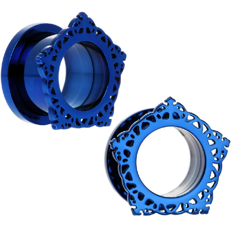 9/16 Blue PVD Filigree Frame Screw Fit Tunnel Plug Set