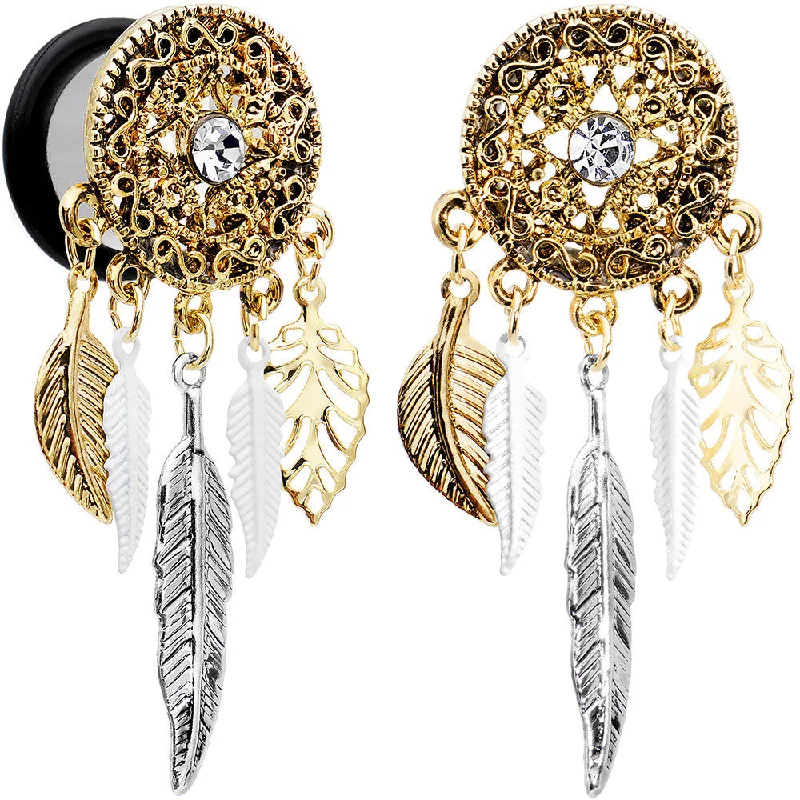 9/16 Clear Gem Ornate Gold Disc Leaf Feather Dangle Plug Set