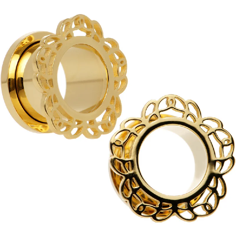 9/16 Gold PVD Filigree Flower Screw Fit Tunnel Plug Set