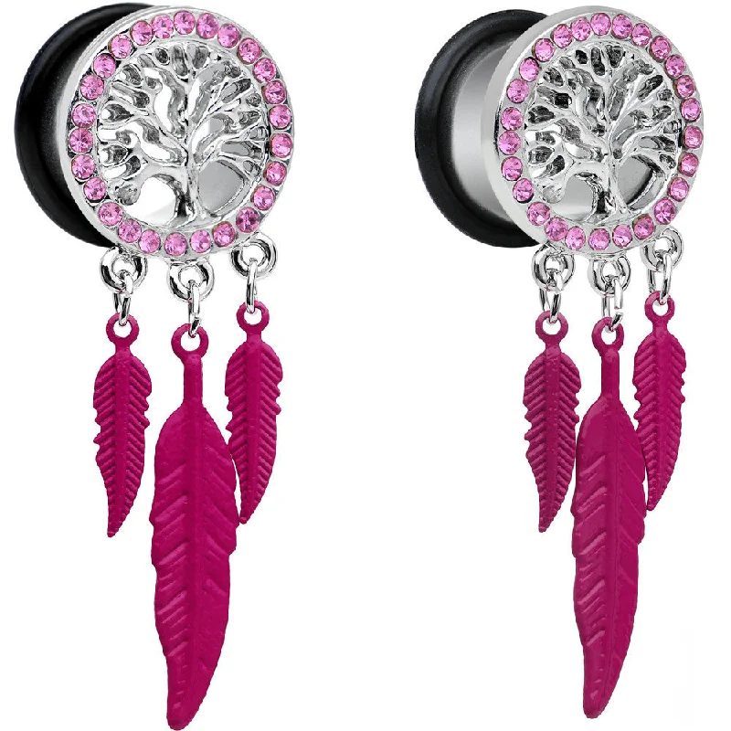 9/16 Pink Gem Steel Single Flare Tree of Life Dangle Plug Set