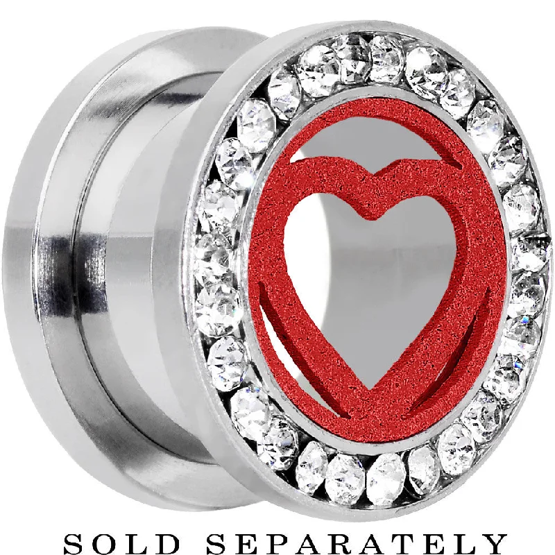 9/16 Stainless Steel Clear Gem Red Heart Tunnel Plug