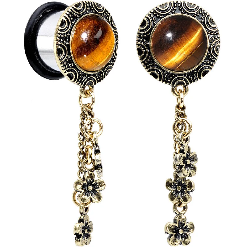 9/16 Tiger Eye Stainless Steel Flower Dangle Single Flare Plug Set