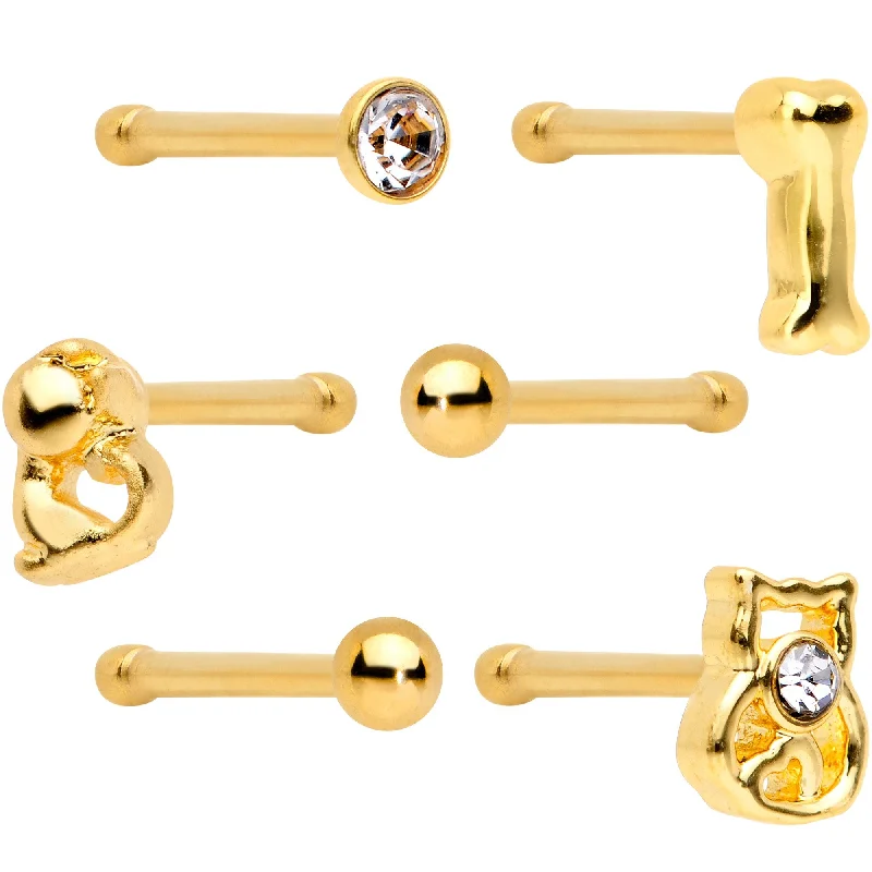 Clear Gem Gold PVD House Pets Nose Bone 6 Pack Set