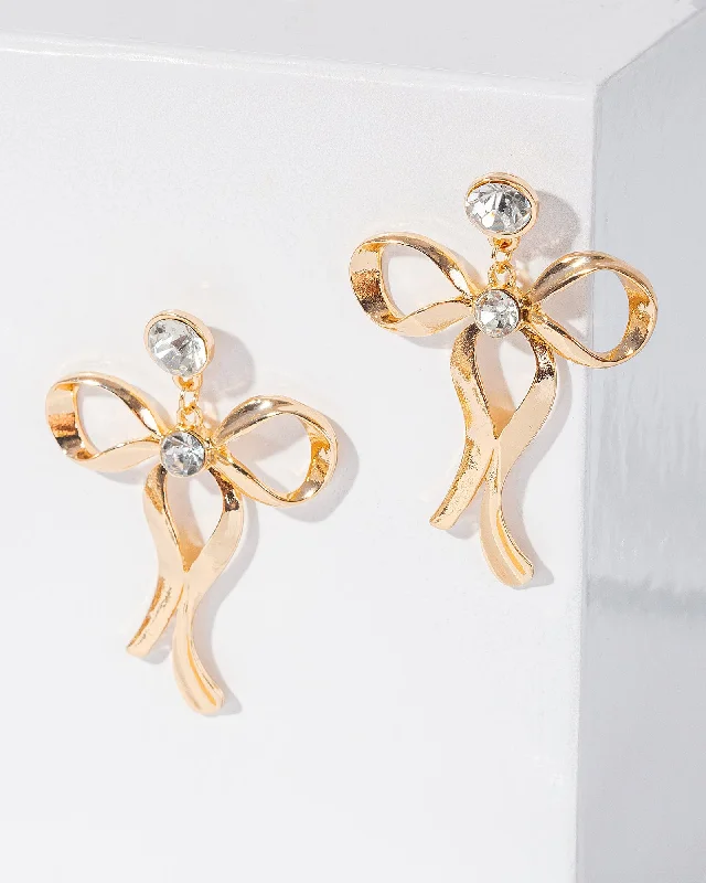 Gold Metal Bow Drop Earrings