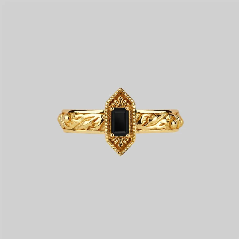 RENOUNCE. Ornate Gothic Onyx Ring - Gold