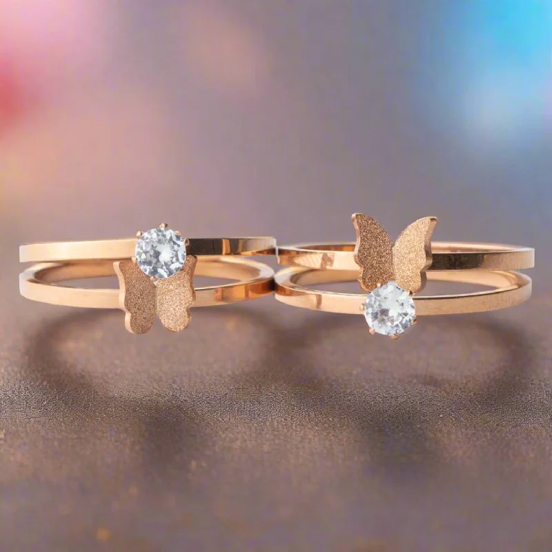 Rose Gold Crystal Butterfly Rings