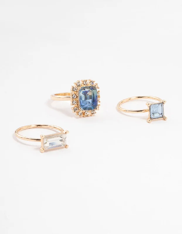 Rose Gold Framed Blue & Silver  Diamante Rings 3-Pack