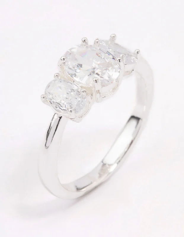 Silver Plated Oval Triple Stone Engagement Ring