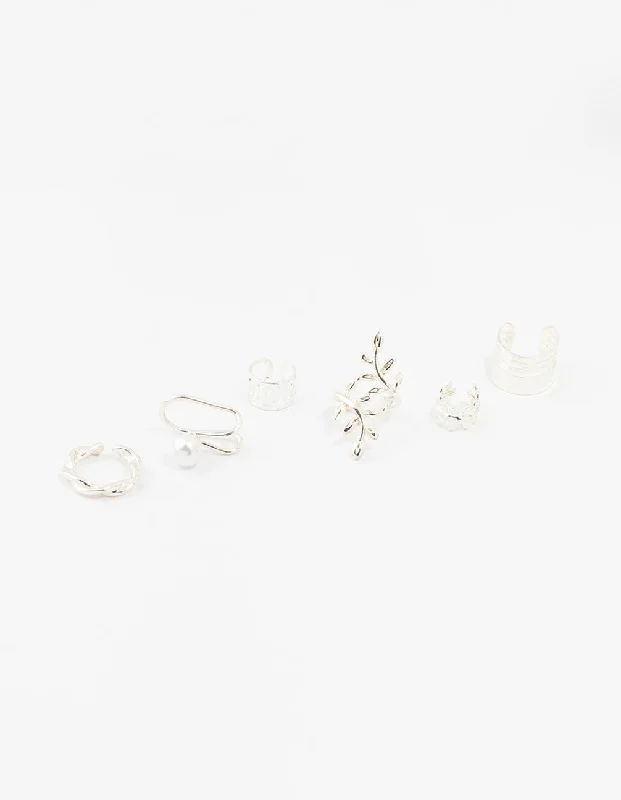 Silver Leaf & Pearl Mixed Ear Cuffs 6-Pack