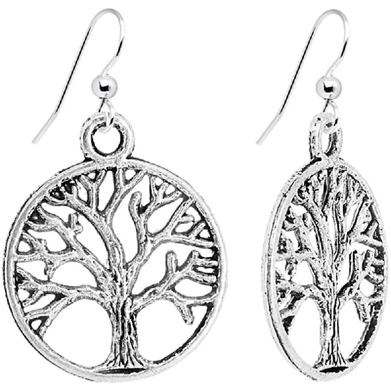 Silver Tone Tree of Life Dangle Earrings