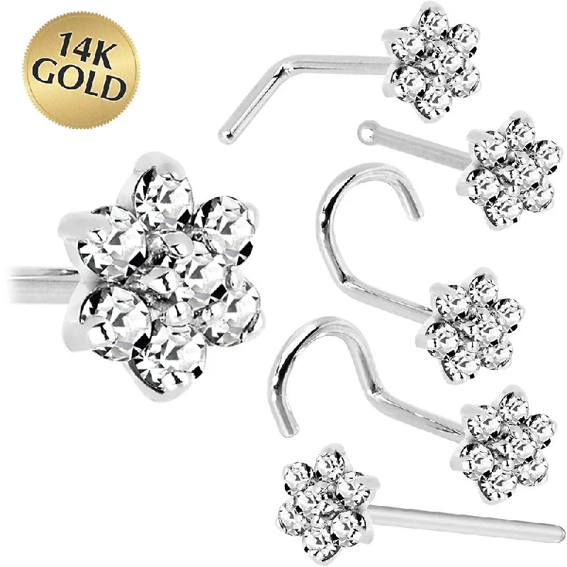 Solid 14KT White Gold Clear Cubic Zirconia Flower Nose Ring