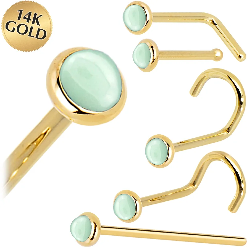 Solid 14KT Yellow Gold 2mm Aventurine Quartz Nose Ring