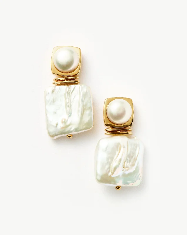 Square Pearl Statement Stud Earrings | 18k Gold Plated/Pearl