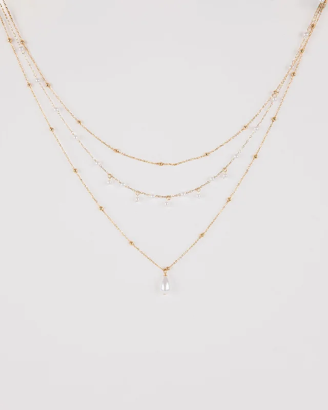 White Layered Pearl Beaded Necklace