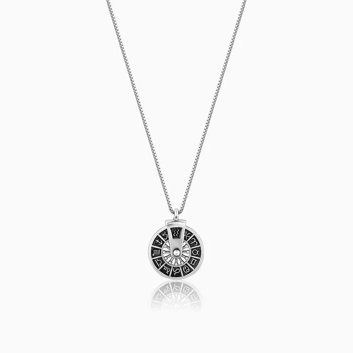 Oxidised Silver Zodiac Spin Pendant With Box Chain For Him